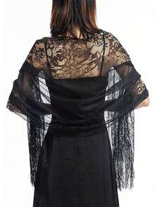 1 Pc Lace Fringe Openwork Scarf/Shawl/Sarong For Dress - Black - View 3