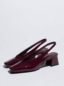 2026 New French Chunky Heel Closed Toe Sandals, Elegant High-End Wine Red Mid-Low Heel Metal Square Toe High Heels, Comfortable Elegant Women High Heels - Burgundy - View 5