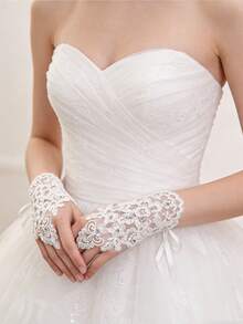 2pcs/Set White Short Rhinestone Lace Fingerless Gloves, Bridal Embroidered Lace Gloves, Elegant Accessory For Wedding Dress, Suitable For Wedding, Banquet, Party, Performance, Birthday, Holiday Events,Summer,Beach - Multicolor - View 5