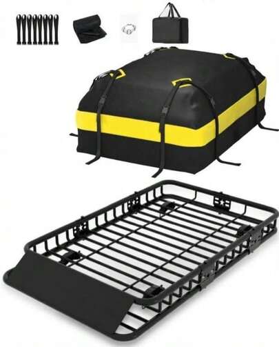Roof Rack Cargo Carrier With Waterproof Bag, 64x39x6 In, Universal Steel Rooftop Basket, 200 LB Capacity, Easy Installation, Fits Sedan, SUV, Truck, Car, Black