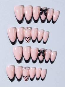 24pcs Almond-Shaped Red French Tip Press-On Nails Almond Perfectly Fits Acrylic Nail Tips Set Includes: 1pc Jelly Gel And 1pc Nail File Easy To Wear French Manicure And Valentine's Day Nail Design Suitable For Women's Daily Work And Parties. Nail Supplies - Black - 查看 2