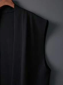 百搭纯色无袖中长披肩背心，夏季海滩度假薄款外套，比基尼罩衫，新款中国风宽松休闲罩衫，黑色 - 黑色 - 查看 5