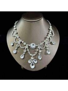 1 Set Exaggerated Crystal Water Drop Pendant Necklace And Earrings Set, Luxury Party Evening Dress Jewelry For Women - Silver - View 10