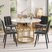 Dining Set (5 Pieces), Including A Table And Four Chairs, A Round Table 100 Cm In Diameter With Gold Metal Legs And White MDF Top, And Dark Grey Velvet Dining Chairs. - Grey - View 1