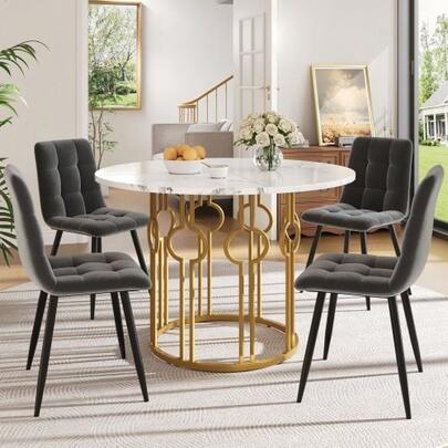 Dining Set (5 Pieces), Including A Table And Four Chairs, A Round Table 100 Cm In Diameter With Gold Metal Legs And White MDF Top, And Dark Grey Velvet Dining Chairs.