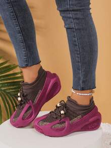 Women's Knit Breathable Soft-Sole Sneakers, Elastic Cuff Design, Anti-Slip Ventilated, Comfortable Athleisure Shoes - Purple - View 5