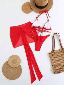 3pcs Set Women Velentines Hibiscus Red Swimwear Summer Days From Poolside To Beachside, Basic Elegant Bikini Floral Decor Coverups Sarong Beachwear - 紅色 - 查看 3