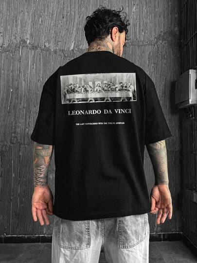 Fractyr Camiseta de manga corta de cuello redondo con estampado gráfico de la Última Cena, de estilo vintage y pintura al óleo, para hombre, de moda casual de calle de verano
