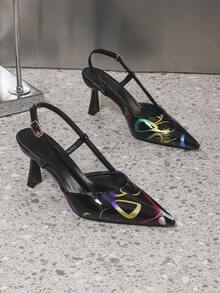 2026春夏尖头细高跟中跟鞋，亮面印花皮革露跟凉鞋，适合夜店、派对和宴会等场合，黑色 - 黑色 - 查看 6