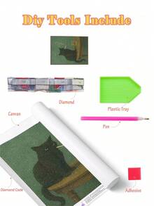 5D DIY 鑽石畫套件｜木桌上的憂鬱黑貓與威士忌杯，深森林綠背景，微煙霧復古藝術風，手工裝飾牆面藝術，享受動手創作樂趣 - 無框 - 查看 3