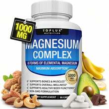 Magnesium Complex Supplement 8 Elemental 1000mg - Magnesium Glycinate, Citrate, Malate, Taurate, Chelated For Easy Absorption For Bones, Muscle, Recovery, Energy, Vegan Non-GMO 90 Capsules - 90抽 - 查看 8