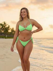 Maré&Cia Lara Bikini Set: Inverted Triangle Top With Thong Bottom With Metal Ring Details - Beachwear - Green Pool - View 6