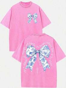 2026 Summer Clothes(230g T-Shirt) Oversized Washed Cotton "Faith Over Fear" Floral Graphic Christian T-Shirt, Casual Soft Short Sleeve, Breathable Ret - 粉色 - 查看 1