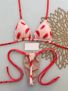 Conjunto de bikini sexy con estampado de sandía, escote halter y lazos para mujer, ideal para playa en verano - Multicolor - Ver 3