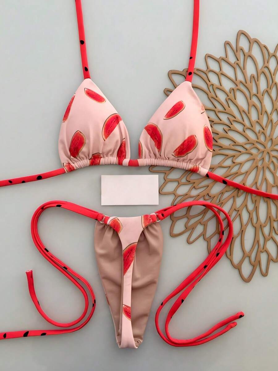 Bộ bikini gợi cảm buộc dây cổ, in hình dưa hấu, dành cho nữ, thích hợp mặc đi biển mùa hè. - Nhiều màu - Xem 1