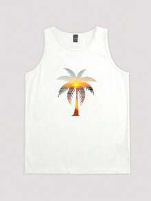 Open Phase 男士休闲度假上衣，椰树印花图案，休闲无袖上衣，适合春夏季度假穿着 - 白色 - 查看 3