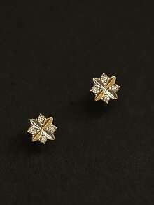 1 Pair S925 Sterling Silver Lucky Four-Leaf Clover Stud Earrings, Women's Rhombus Zirconia Inlaid Small Flower Petals Earrings, Sweet Elegant Ins Style Niche Earrings, Versatile For Daily Wear And Gifts - Four Leaf Clover - View 13