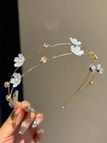 1pc Girl's Rhinestone & Pearl Flower Metal Double-Layer Thin Headband, Elegant Versatile Fashion Hair Accessory - Multicolor - View 8