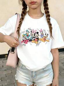 Disney Summer Tops,  Character Signature Print Graphic Tee, Perfect For Cute Girls. Teen Girl Gift,Comfortable And Breathable Children's Short-Sleeved T-Shirt. 180g Pure Cotton Children's Clothes,Suitable For Both Boys And Girls.Suitable For Daily Wear, Vacations, Outdoor Activities, And As A Children's Gift. - 白色 - 查看 2