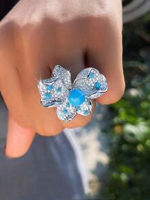 1 pieza Anillo ajustable con flor de turquesa azul grande, joyería de mujer plateada en plata con circonita cúbica para boda, compromiso, banquete, fiesta, baile de graduación, vacaciones, accesorios de disfraz - Azul - Ver 3