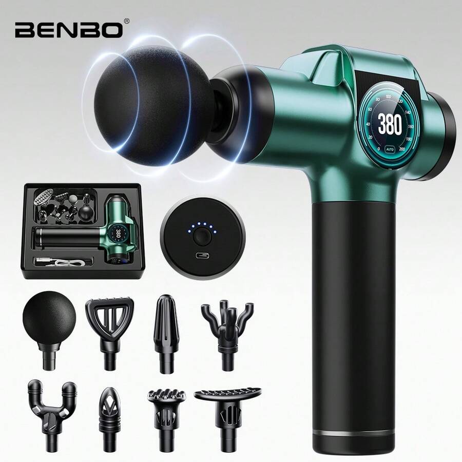 BENBO 按摩槍 背部按摩器，附 8 個替換按摩頭，適用於緩解疼痛與深層組織按摩，敲擊式按摩槍，99 段速度設定，超靜音電動按摩器，送禮佳品