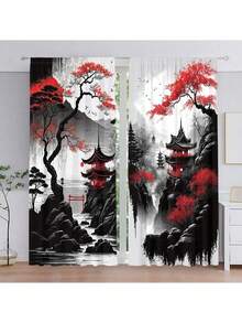 2入組日式山水水墨畫數字印刷窗簾,配戴口袋式窗簾杆系統,適合客廳,廚房,臥室,書房,家居裝飾 - 黑色 - 查看 10