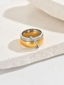 1pc Minimalist Dual-Tone Stainless Steel Fashion Ring, Suitable For Daily Wear - Two-tone Ring - View 4