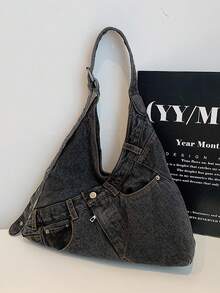 新款时尚街头牛仔单肩包，多功能通勤大容量女士斜挎包，休闲时尚水洗牛仔单肩包，适合通勤和购物，是牛仔女孩的完美之选。 - 黑色 - 查看 3