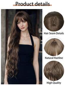 32 Inch Long Cool Brown Wavy Wig For Women - Bangs, Heat-Resistant Synthetic, Adjustable Fit - Brown - View 4