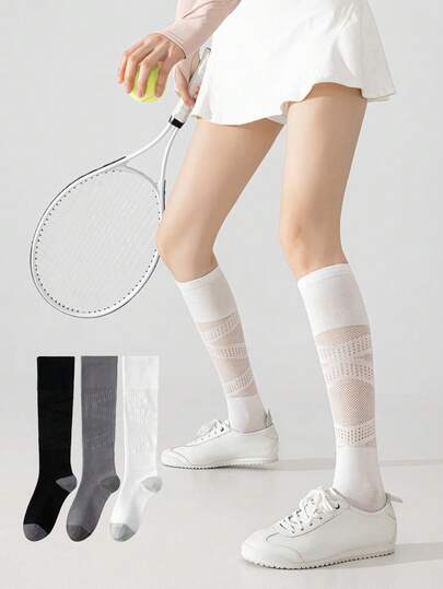 1-3 Pairs Lightweight Sports Calf Socks, Breathable Mesh Knee-High Socks For Cycling, Running, Spring/Summer, Black/White/Gray, Compression Tennis Socks