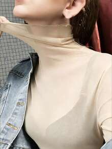 Blusa transparente de malla con cuello alto sexy para mujer, jersey ajustado de manga larga - Albaricoque - Ver 2