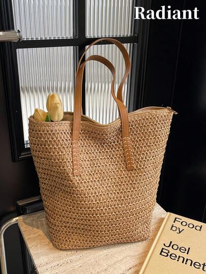 New Spring/Summer Style, Fashionable Hand-Woven Straw Bag For Beach Vacations, Casual And Versatile Large-Capacity Women's Shoulder Bag, Zipper Closure, Suitable For Commuting, Shopping, Outings, Short Trips, Etc.