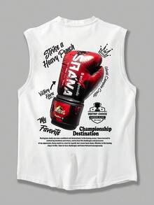 拳击爱好者必备！男士休闲宽松圆领拳击图案背心 - 白色 - 查看 6