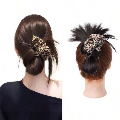Leopard Print Messy Bun Wig, Hair Claw Clips, Feather Flower Decor Hair Accessories, Natural Fluffy Low Bun Maker
