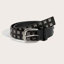 1pc Vintage Gold Square Buckle Rivet Belt For Women, Suitable For Dresses And Coats - Black - View 8