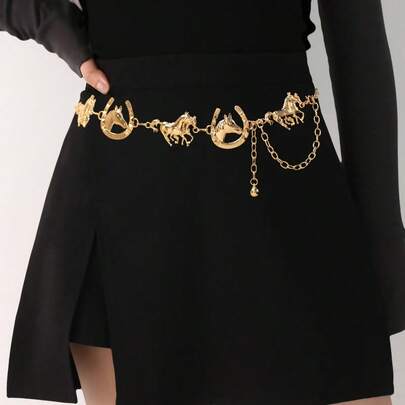 1pc Women's Retro Floral Pattern Bohemian Western Style Metal Cowgirl Double Horse U-Shaped Buckle Decoration Accessory Suitable For Summer Casual Outdoor Outfit