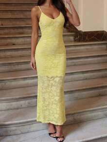 女士黄色花卉提花连衣裙 | 吊带V领修身鱼尾裙，适合夏季派对和婚礼，优雅时尚 - 黃色 - 查看 2