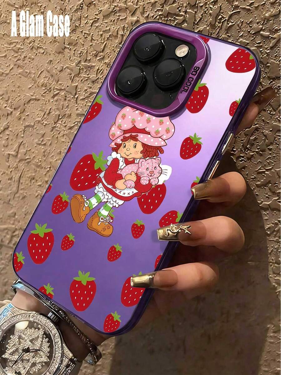 1 Piece IMD Pink Strawberry And  Girl Graphiccartoon Phone Case: Sweet Cool Style. Vibrant Pink, Shock-Absorbent, Compatible With IPhone16 Pro Max, 15/14 Plus, 13, 12, 11, 17,Waterproof, Shockproof, And Scratchproof Perfect Gift For New Year/Valentine's Day, Family/Friends/Lovers - 紫色 - 查看 1