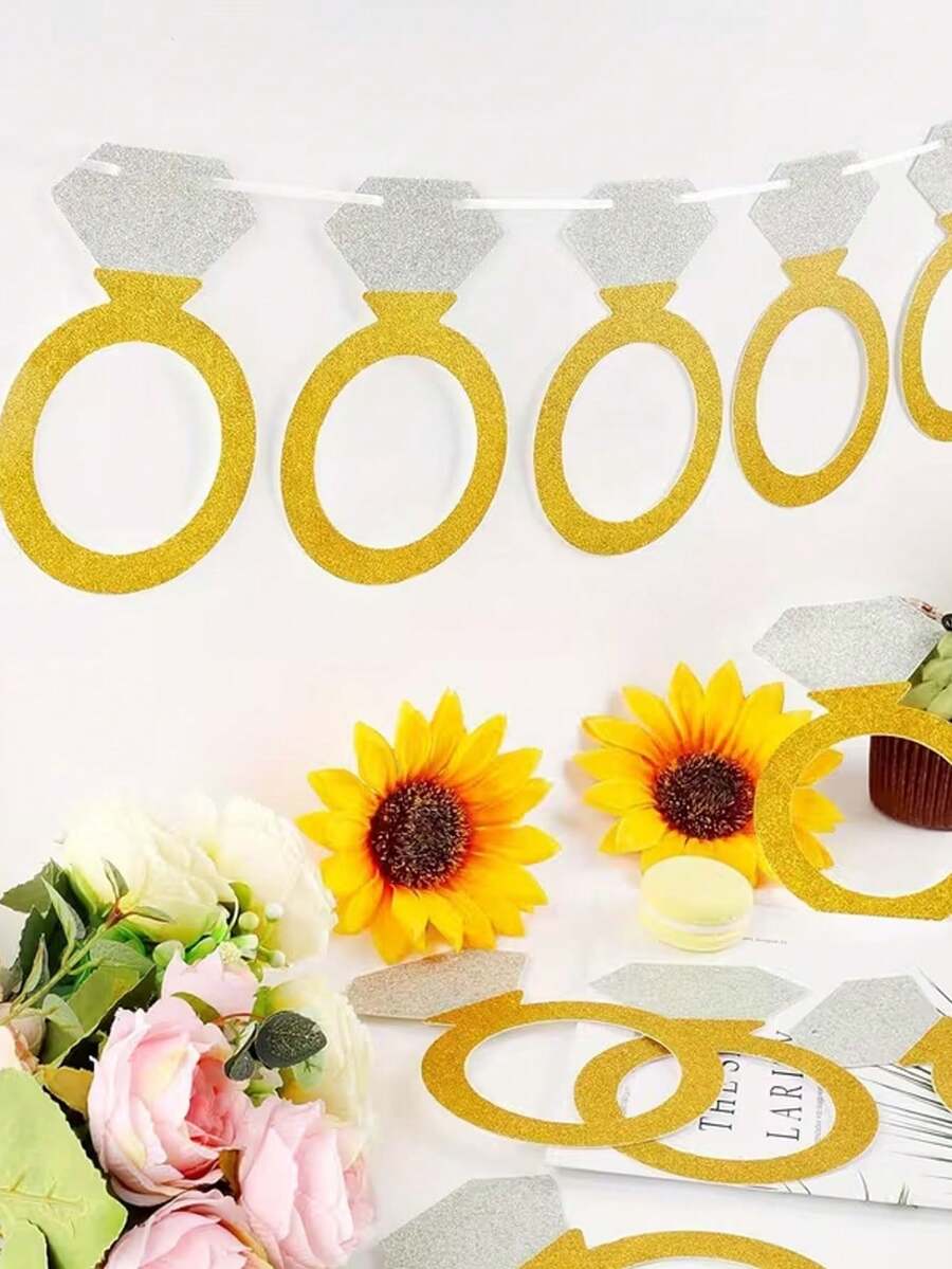 一套金色钻石戒指横幅旗帜，闪亮银色钻石戒指订婚派对装饰，情人节，婚前派对，派对背景悬挂横幅，节日壁炉花环装饰 - 多款 - 查看 1