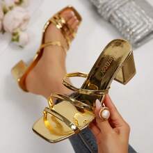 Women's Solid Color Party PU Leather Patent Thick Heel High Heel Sandals, Summer - Gold - View 10