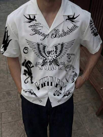 男士纹身图案衬衫，宽松白色领上衣，复古宽松印花衬衫，复古摩托车风格街头服饰