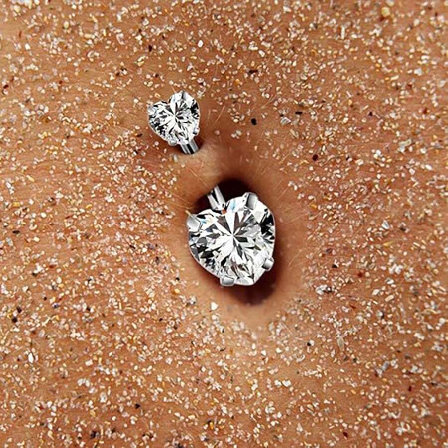 1pc Women's Stainless Steel Navel Ring With Heart-Shaped Zirconia Stone, Sexy & Charming, Shiny Body Piercing Jewelry Suitable For Party And Daily Wear - Silver - View 1