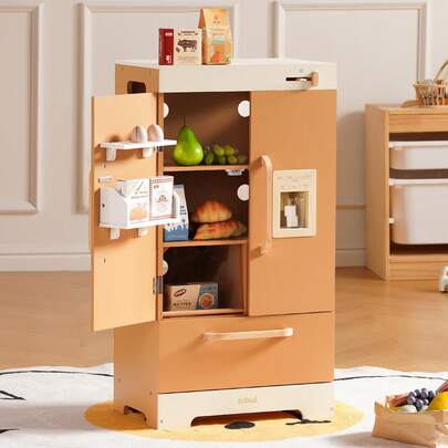 ROBUD Wooden Caramel-Colored Refrigerator-A Pretend Kitchen Toy For Kids Aged 3 And Up, Featuring An Ice Maker, Adjustable Knob, And Realistic Food