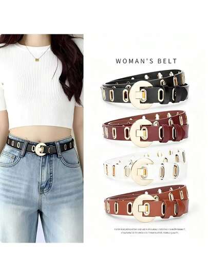 No Buckle Leather Belt For Women, Unique Design Jeans Waist Belt, Versatile Decorative Holes Waistband, Ins Style