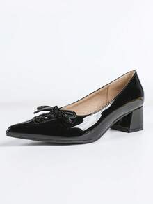 Women's Pointed Toe Elegant Chunky Heel Slip-On Dress Shoes - Black - View 7
