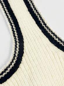 Letter Print Knit Dress, Button Front, Contrast Trim - Beige - View 5