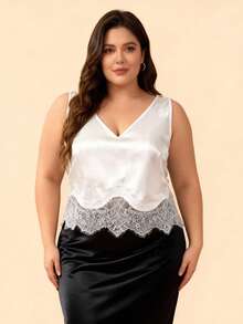 Women's Plus Size Satin Tank Tops Elegant Floral Lace Trim Sleeveless V Neck Loose Fit Vest For Party Daily Wear - 白色 - 查看 3
