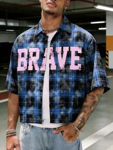 Camisa de manga corta con estampado de cuadros degradados y letra "Brave" para hombres - Azul - Ver 4