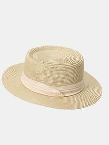 1pc Round Flat Top Straw Hat, Breathable Sun Hat, Travel Beach Hat, Essential Travel Hat, Fashion Versatile, Suitable As Gift For Girlfriend/Friend, Women's Accessory, Interesting Gift, Personalized Gift, Thoughtful Gift, Women's Gift,Summer,Holiday,Festival - Concave Top - View 12