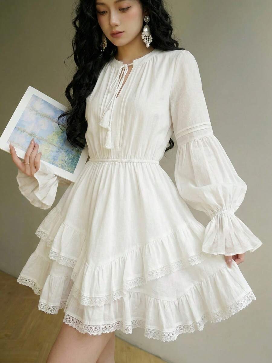 女士优雅蕾丝荷叶边不对称连衣裙 生日派对仙女裙 春夏灯笼袖假日沙滩装 返校节音乐会服装 白色 - 白色 - 查看 1